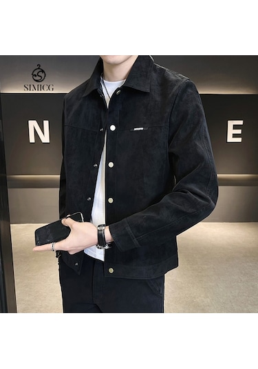 İlkbahar Ve Sonbahar İçin Yeni Üst Düzey Yaka Süet Erkek Ceketi Siyah