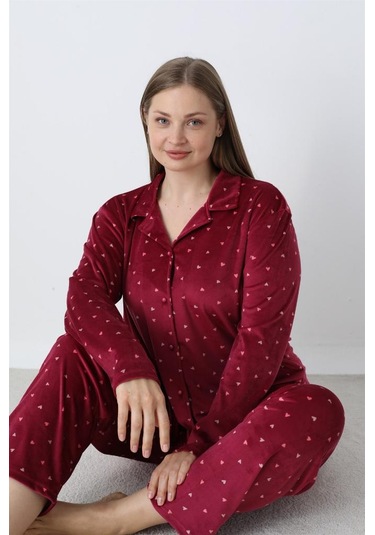Battal Estiva Puantiyeli Önden Düğmeli Kadife Bayan Pijama Takım Bordo