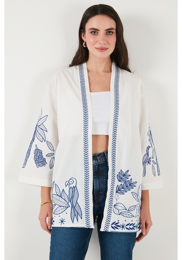 Lela Nakış Işlemeli Pamuklu Oversize Fit Truvakar Kol Bayan Kimono 676302 Ekru