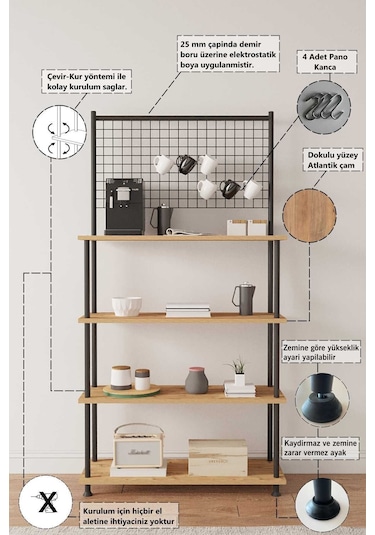 Çevir Kur Atlantik Çam 4 Raflı Kahve Köşesi Dolabı Mutfak Düzenleyici, Stand, 71x167x35 Cm Atlantik Çam