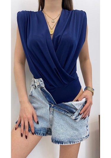 Soonaksesuar Kadın Sendy Kumaş Kruvaze Yaka Vatkalı Bluz Mavi