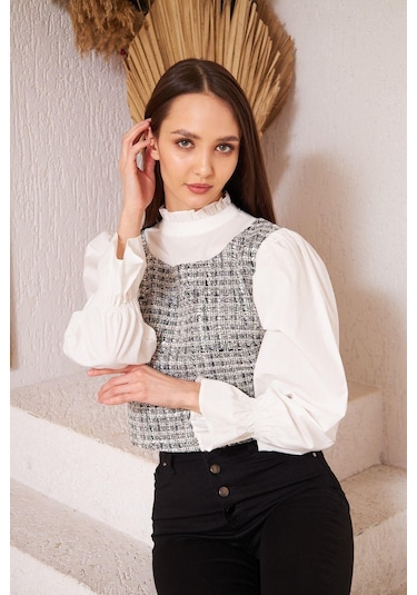 Darlin Moda Gri Tüvit Detaylı Uzun Kollu Bluz Dm9000 Gri