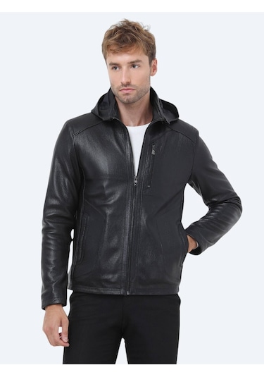 Kip Siyah Regular Fit Kapüşonlu Smart Casual Koyun Derisi Deri Mont