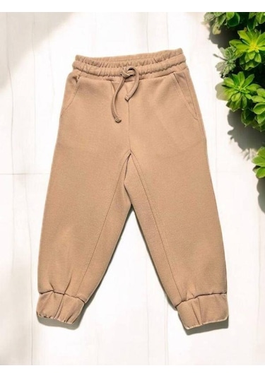 Kız Çocuk Paçaları Lastikli Örme Eşofman Alt-14883 Bej