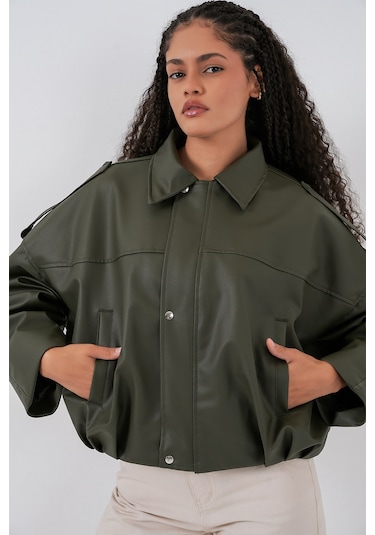 Kadın Oversize Deri Ceket 1055 - Haki Haki