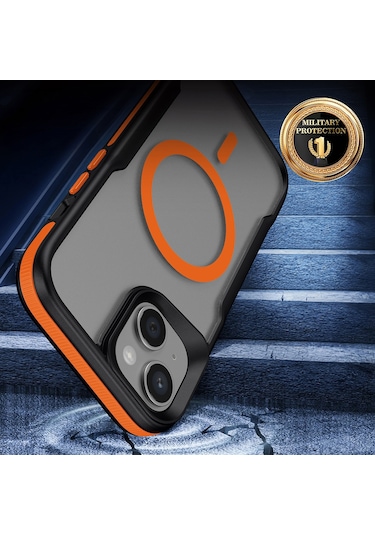 İphone 15 Uyumlu Magsafe Şarj Özellikli Renkli Kenar Airbag Şeritli Lamer Kapak-siyah