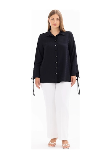 Galaxi Kadın Büyük Beden Kol Detaylı Düğmeli Gömlek 4007 Siyah