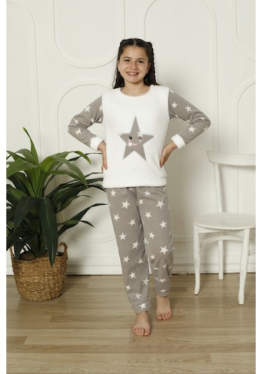 Fames Pijama Kişlik Polar Yildizli Çocuk Pijama Takim Beyaz