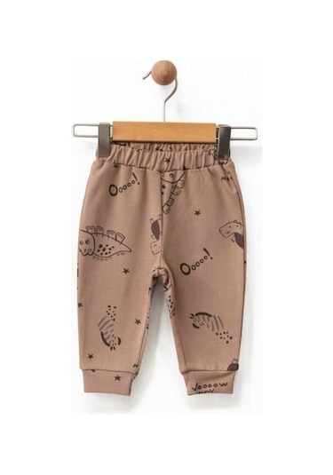 Erkek Bebek Kapüşonlu Dinazor Baskılı 3lü Eşofman Takım-15469 Kahverengi