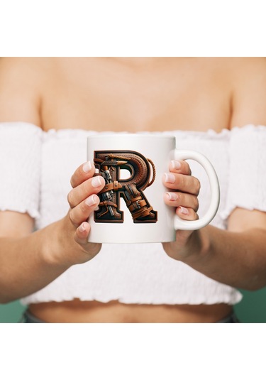 R Harfi Kovboy Temalı Bardak 330 Ml İsim / Harf Kişiye Özel Hediye - Vahşi Batı Konsept Beyaz