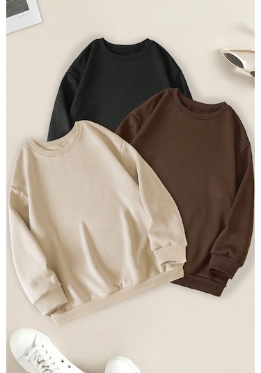 Modagen Unisex 3'lü Kahve Siyah Bej Bisiklet Yaka Oversize Sweatshirt Kahve Siyah Bej