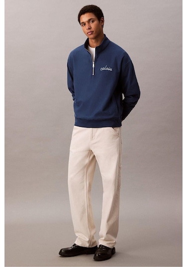 Erkek Yarım Fermuarlı Logolu Sweatshirt - Mavi-8783 Blue Jean