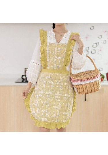 Kadınlar İçin Cepli Vintage Önlük Önlük Elbise Sevimli Çiçekli Che Lime Sarısı, Diğer