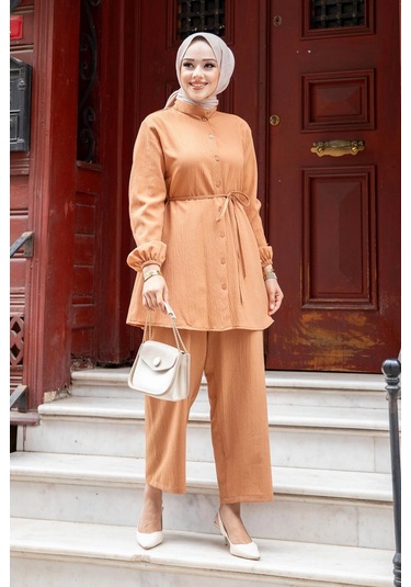 Hakim Yaka Detaylı Tesettür Camel Takım Camel