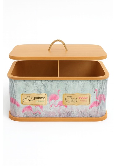 Dekorasyaa 2 Bölmeli Patates Soğanlık - Bambu - Dikdörtgen Flamingo Desen Pembe