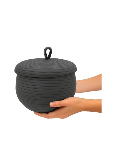 Mutfak, Banyo Ve Ev İçin Halat Hasır Sepet 17x21 Cm Kapaklı Saklama Sepeti Honeypot Gri