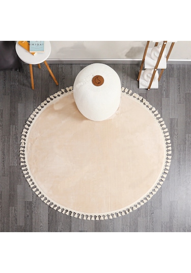 Linos Home Krem Fluffy Düğüm Saçaklı Yuvarlak Post Peluş Halı Kaymaz Taban