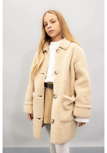 DeFacto Kız Çocuk Rüzgar Geçirmez Düğmeli Cepli Kaşe Parka C8555A824AUBG203 Bej