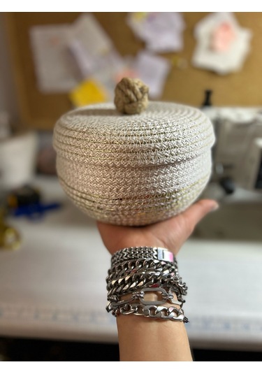 Hasır Sepet, Kapaklı Dekoratif Sepet, Çok Amaçlı Kutu, Ekru Şekerlik Sepeti