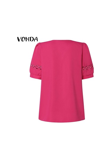 Vonda Kadın Yazlık Rahat V Yaka Puf Kısa Kollu Dantel Eklemeli Düz Renk Bol Bluz Turuncu