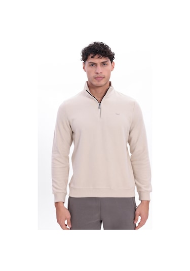 Rowinger Yarım Fermuarlı Dik Yaka Selanik Örme Erkek Sweatshirt Beıge