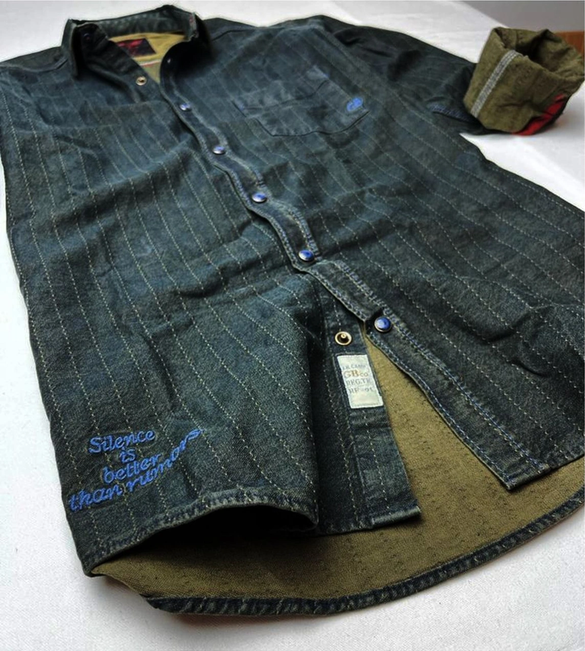 Slim Fit Saf Pamuk Denim Kumaş Kot Gömlek- Koyu Karışık- Çok Renkli