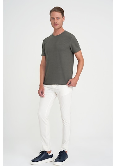 Comfort Fit Bisiklet Yaka Fitilli Kısa Kol Haki Tişört Ts 912 Haki