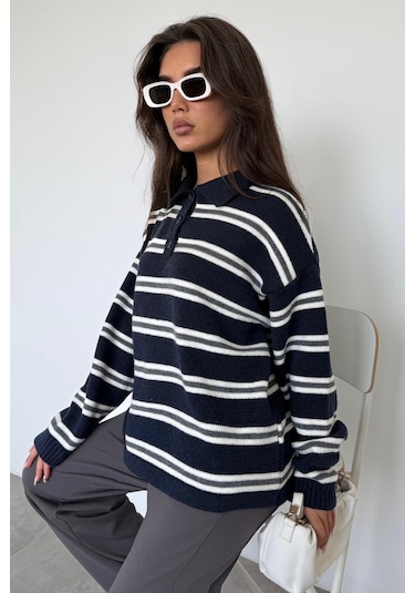 Lacivert Polo Yaka Çizgili Kadın Triko Kazak Mg2469 Lacivert