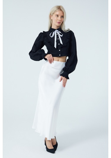 Fiyonk Fırfır Detaylı Poplin Gömlek Siyah