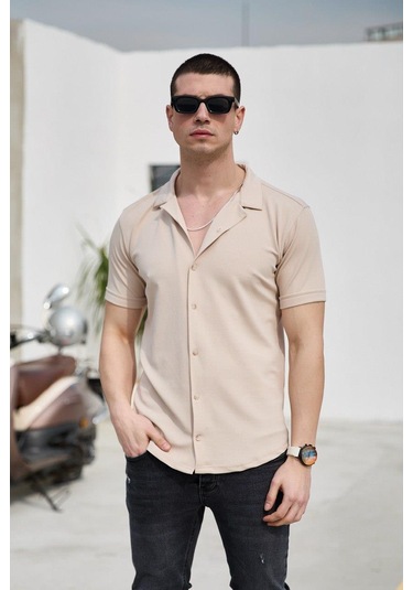 Krem Renk Dokulu Kısa Kol Erkek Gömlek-1583 Krem