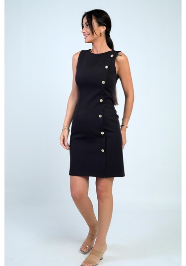 Kadın Kendinden Telalı Yan Düğmeli Kısa Elbise-41571 Kahve