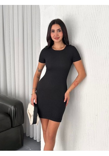 Kadın Bisiklet Yaka Kısa Kol Likralı Elbise - Siyah Siyah