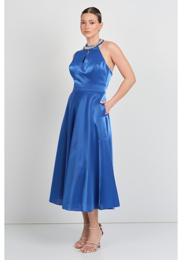 Saygın Kadın Halter Yaka Saten Midi Abiye Elbise 5624 Saks Saks