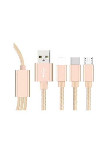 Hombey 3 Cihazı Aynı Anda Şarj Edebilen 1 Metre Uzunlukta 2a Type-c/lightning/micro Usb Altın Nylon Kablosu Kutu Paketli