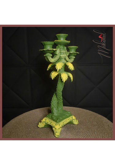 Vintage Yeşil Ve Sarı Palmiye Ağaç Tasarımı 5 Kollu Mumluk El