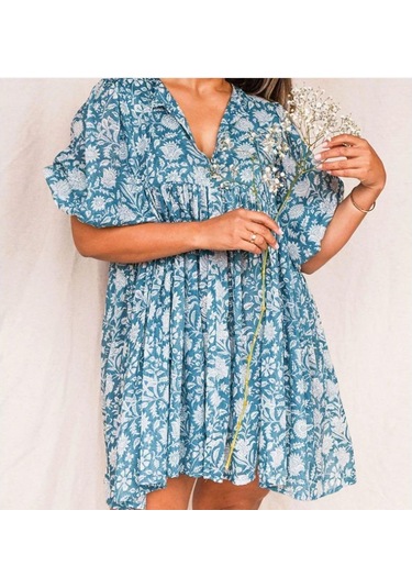 Yaz Kadın Elbisesi Moda Büyük Metre Gevşek Askılı Kişiselleştirilmiş Edebi Retro Avrupa Ve Amerikan Tarzı Baskılı Elbiseler Gökyüzü Mavisi Gök Mavisi