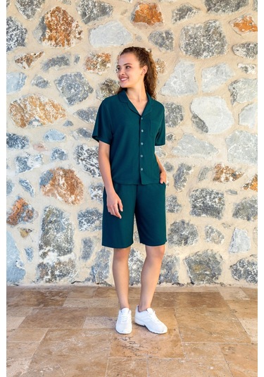 Kadın Kısa Kol Önden Düğmeli Petrol Yeşili Şortlu Pijama Takım C1t0n04y42 001