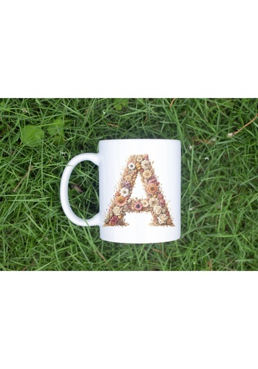 A Harfi Çiçek Desenli Kupa Bardak - Alfabe Harfleri İle Doğal Çiçekli Kupa - Hediye Fikir Beyaz