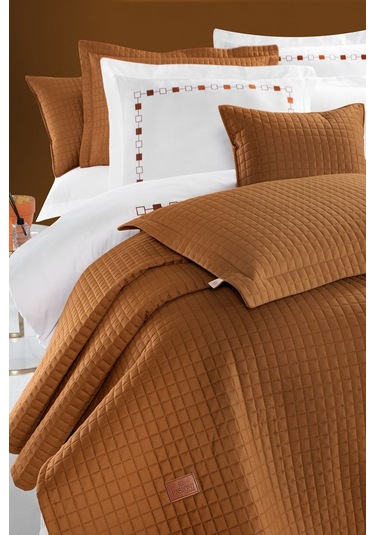 Elegante %100 Pamuk Saten Yatak Örtüsü Seti Hardal Bej