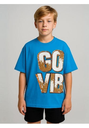 Marions Erkek Çocuk Good Vibes Yazılı Oversize Tshirt-16017 Mavi