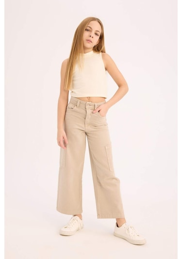 DeFacto Kız Çocuk Wide Leg Kargo Geniş Paça Jean Pantolon C0451A825SMBG122 Bej