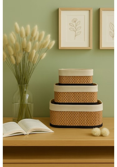 Bambu Hasır Dikdörtgen 3'lü Organizer Sepet Seti - Çok Amaçlı Düzenleyici Kahverengi