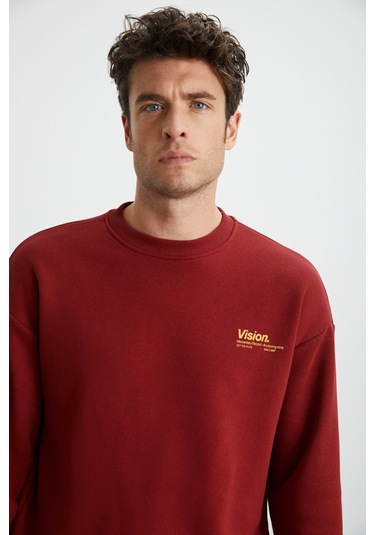 Ernest Erkek Yumuşacık Içi Polarlı Baskı Detaylı Organik Pamuk Oversize Bordo Sweatshirt