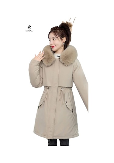 Kadın Orta Uzunlukta Kışlık Kalınlaştırılmış Pamuklu Ceket Açık Kahverengi