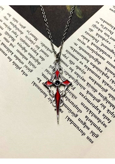 Gümüş Kaplama Kırmızı Mineli Gotik Haç Kolye