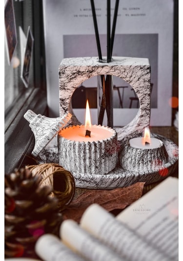 Mermer Desen Tasarım Kokulu Soya Mum, Vazo, Tealightlık, Tepsi Ve 001