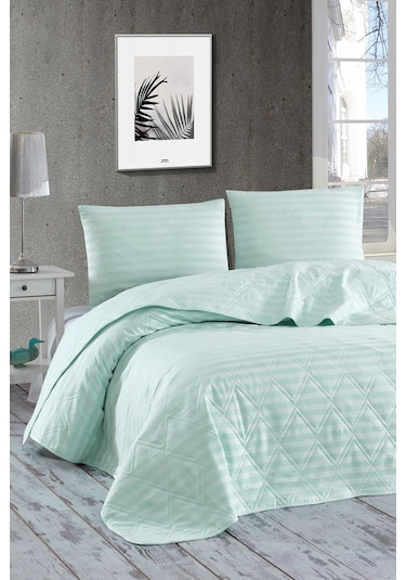 Enlora Home Water Yollu Saten Çok Amaçlı Örtü Çift Kişilik Mint