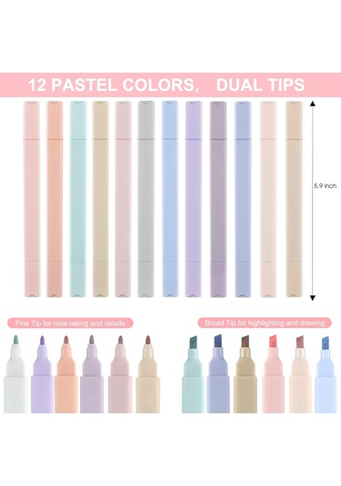 Aubyhe 12 Renk Yumuşak Vurgulayıcı Seti - İki Uçlu Uç İnce + Çatal - Hızlı Kuruyan - Kağıda Sızmayan - Not Alma, Çalışma, Renklendirme İçin Çok Renkli