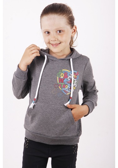 Toontoy Kız Çocuk Stronger Baskılı Sweatshirt Gri Melanj