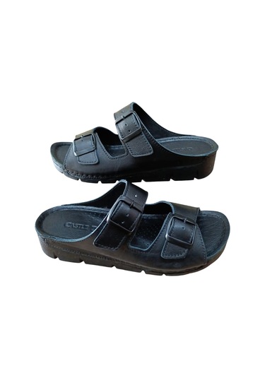 Castle Black 20317 Kadın Hakiki Deri İki Tokalı Comfort Terlik Siyah Siyah